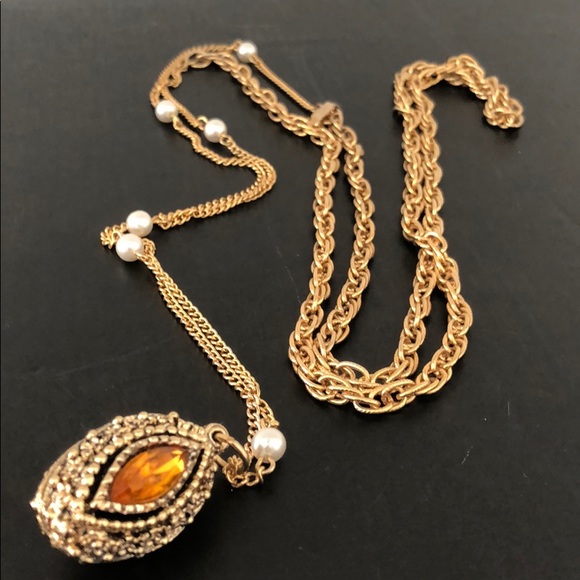 VINTAGE AMBER MARQUIS PENDANT W/PEARLS - Picture 2 of 15